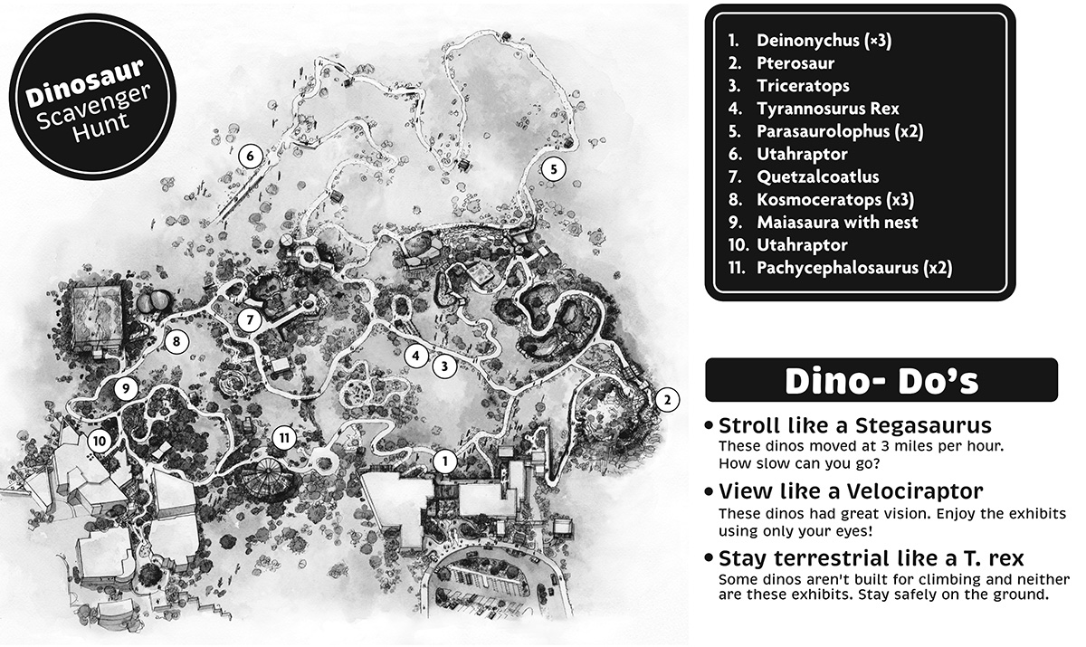 Map of the Desert Museum grounds with dinosaur locations marked, key, and behavior guidelines