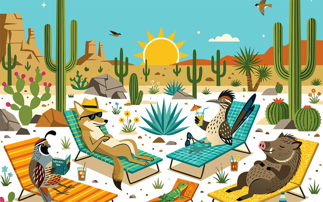 Graphic of animals relaxing in the deseert, beach-style